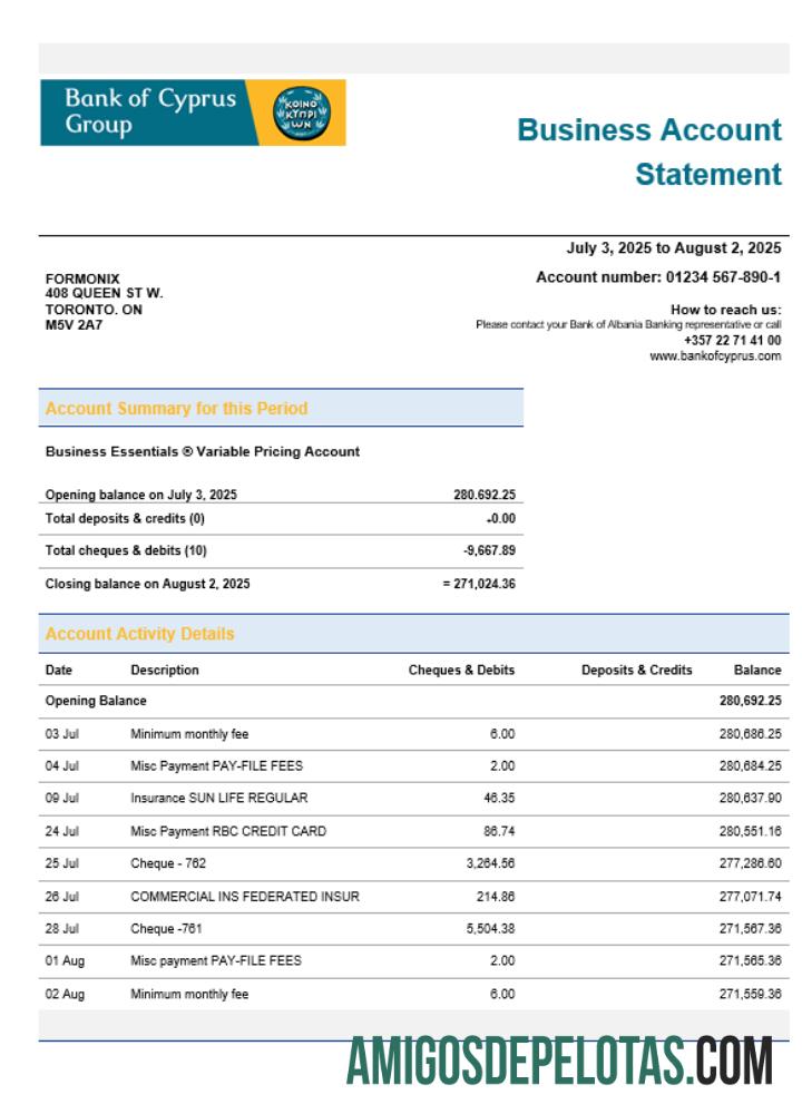 Exemplo de extrato de conta de empresa do Banco de Chipre em formato Word e PDF
